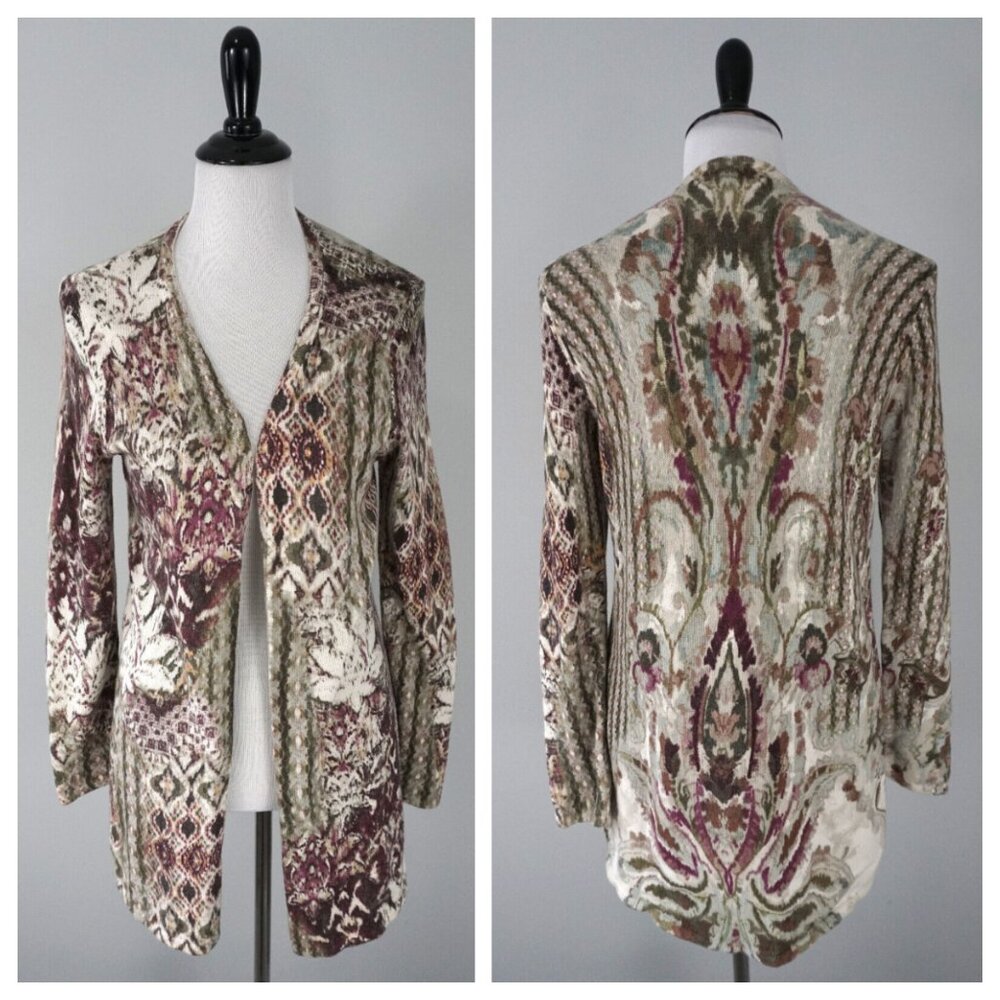 Chicos White Green Purple Floral Open Front Knit Cardigan Sweater 1 US M/8